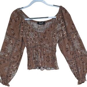 Womens Sz S Brown Floral V-Neck Smocking Ruffle BOHO Festival Fairy Babydoll Top